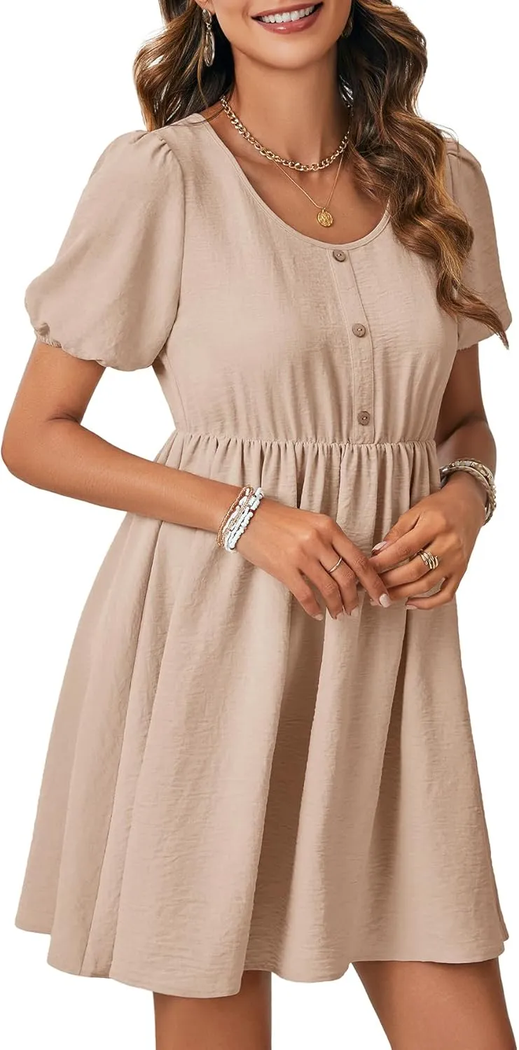Vrtige Women's Crewneck Button High Waist Short Sleeve Flowy A Line Mini Short Dress