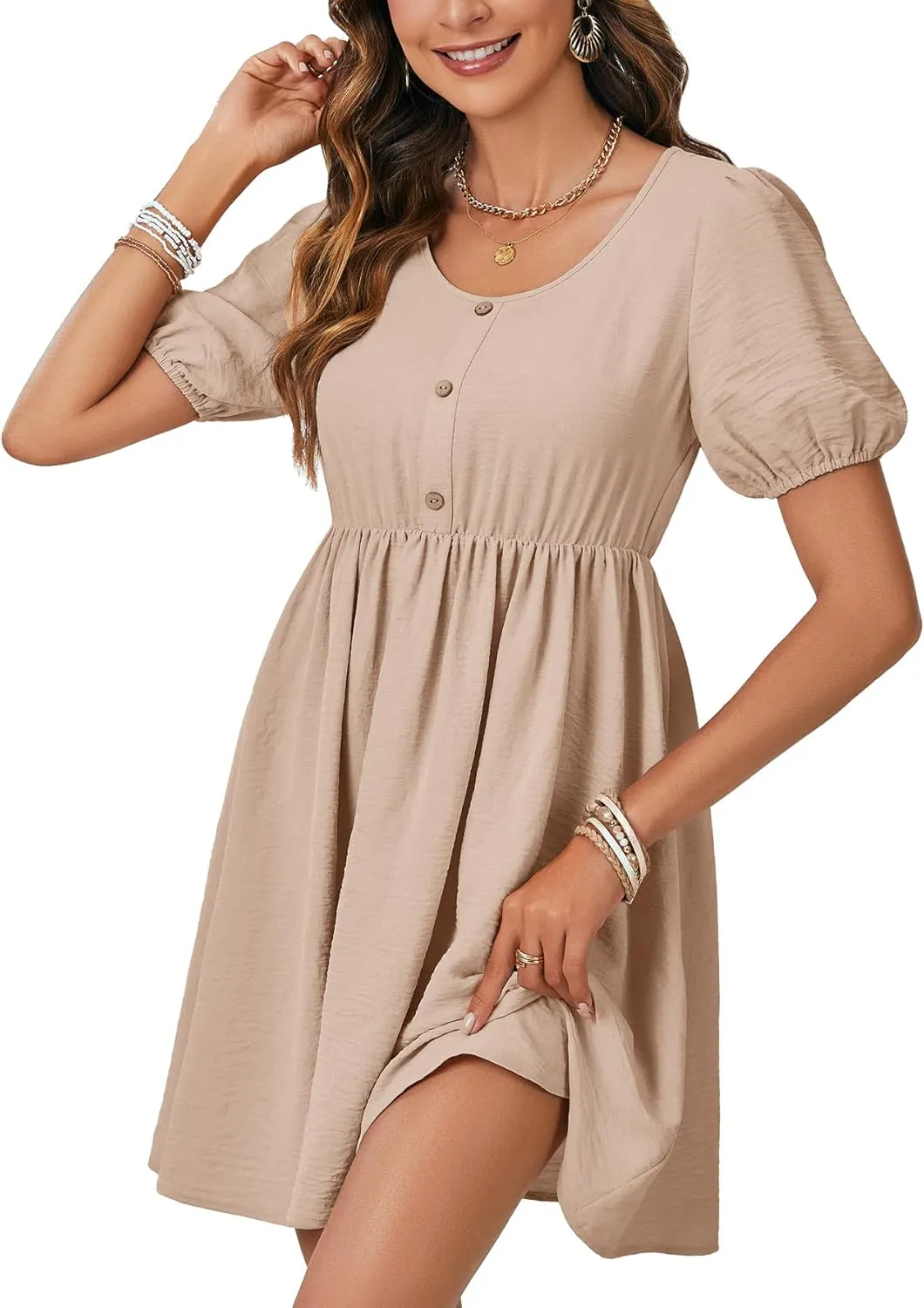 Vrtige Women's Crewneck Button High Waist Short Sleeve Flowy A Line Mini Short Dress