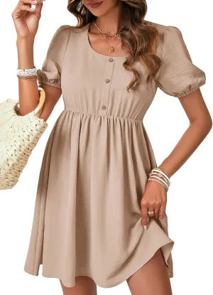 Vrtige Women's Crewneck Button High Waist Short Sleeve Flowy A Line Mini Short Dress