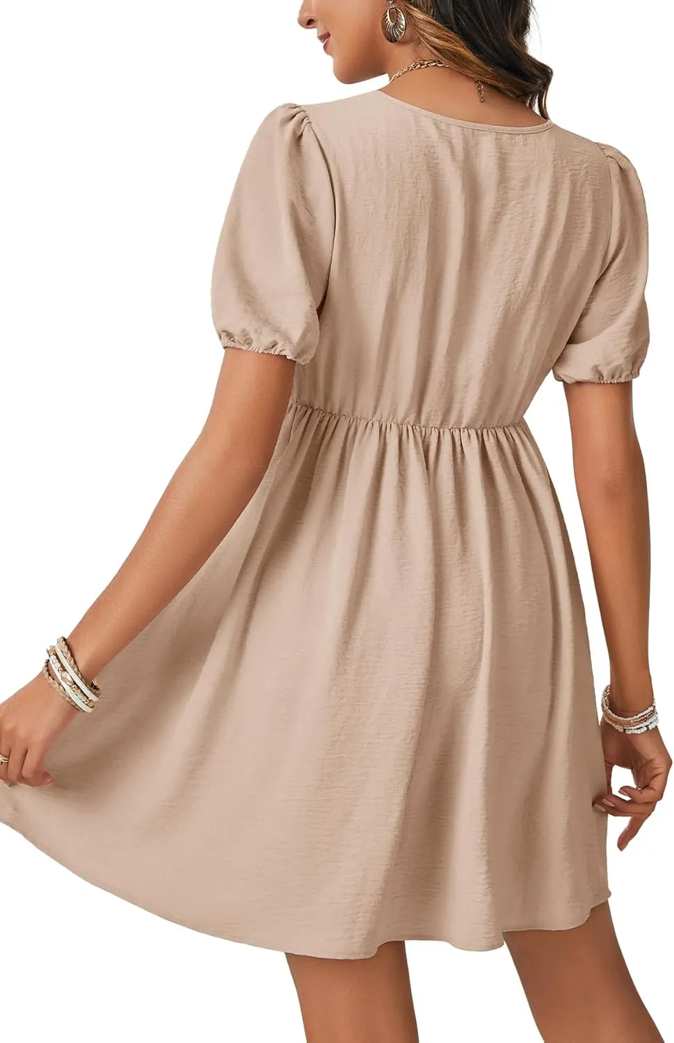 Vrtige Women's Crewneck Button High Waist Short Sleeve Flowy A Line Mini Short Dress