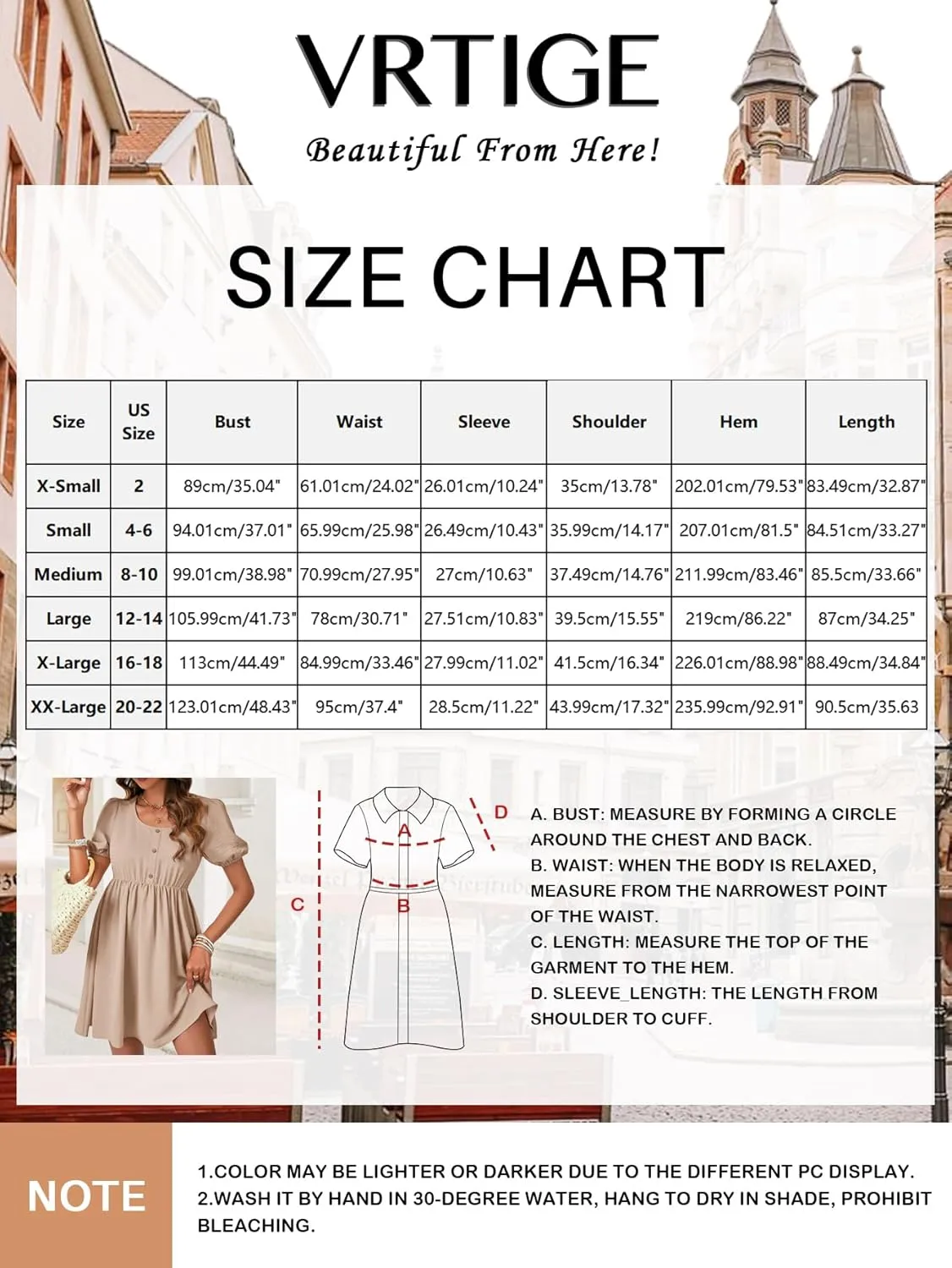 Vrtige Women's Crewneck Button High Waist Short Sleeve Flowy A Line Mini Short Dress