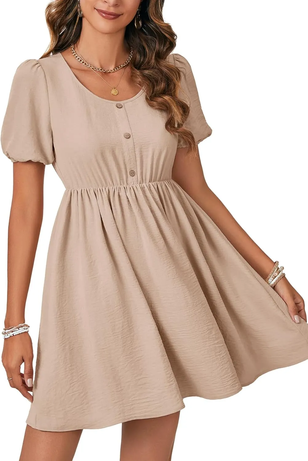 Vrtige Women's Crewneck Button High Waist Short Sleeve Flowy A Line Mini Short Dress