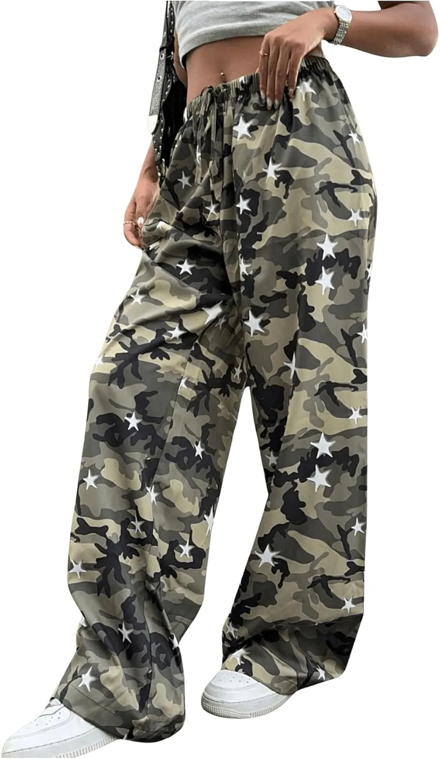 WDIRARA Women's Camouflage Star Print Baggy Pants High Rise Wide Leg Trousers Elastic Waist Bottoms