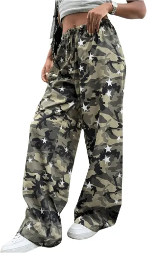 WDIRARA Women's Camouflage Star Print Baggy Pants High Rise Wide Leg Trousers Elastic Waist Bottoms