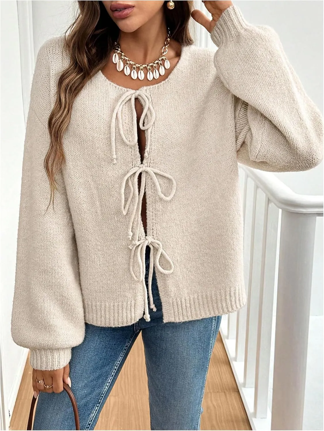WDIRARA Women's Tie Front Crewneck Knit Cardigan Long Sleeve Drop Shoulder Sweater