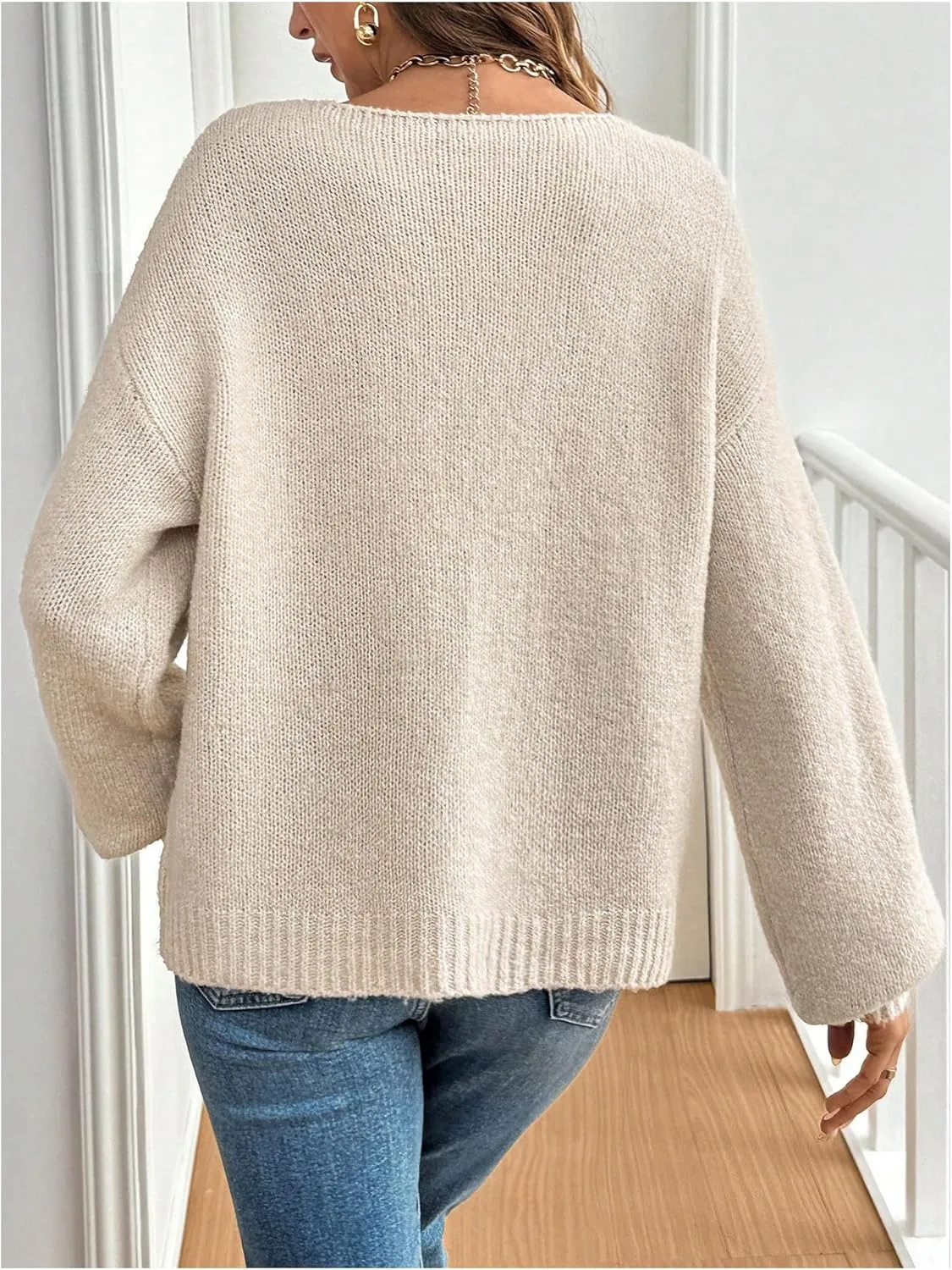 WDIRARA Women's Tie Front Crewneck Knit Cardigan Long Sleeve Drop Shoulder Sweater