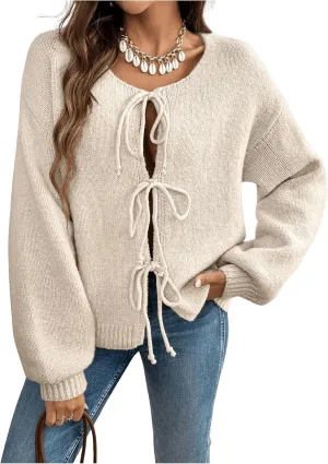 WDIRARA Women's Tie Front Crewneck Knit Cardigan Long Sleeve Drop Shoulder Sweater
