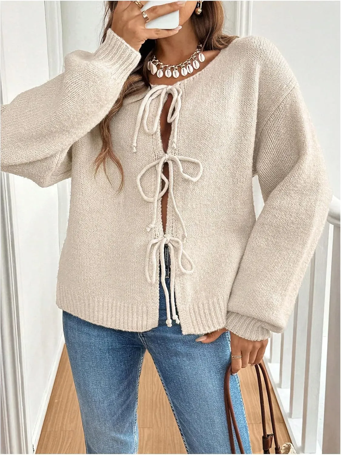 WDIRARA Women's Tie Front Crewneck Knit Cardigan Long Sleeve Drop Shoulder Sweater