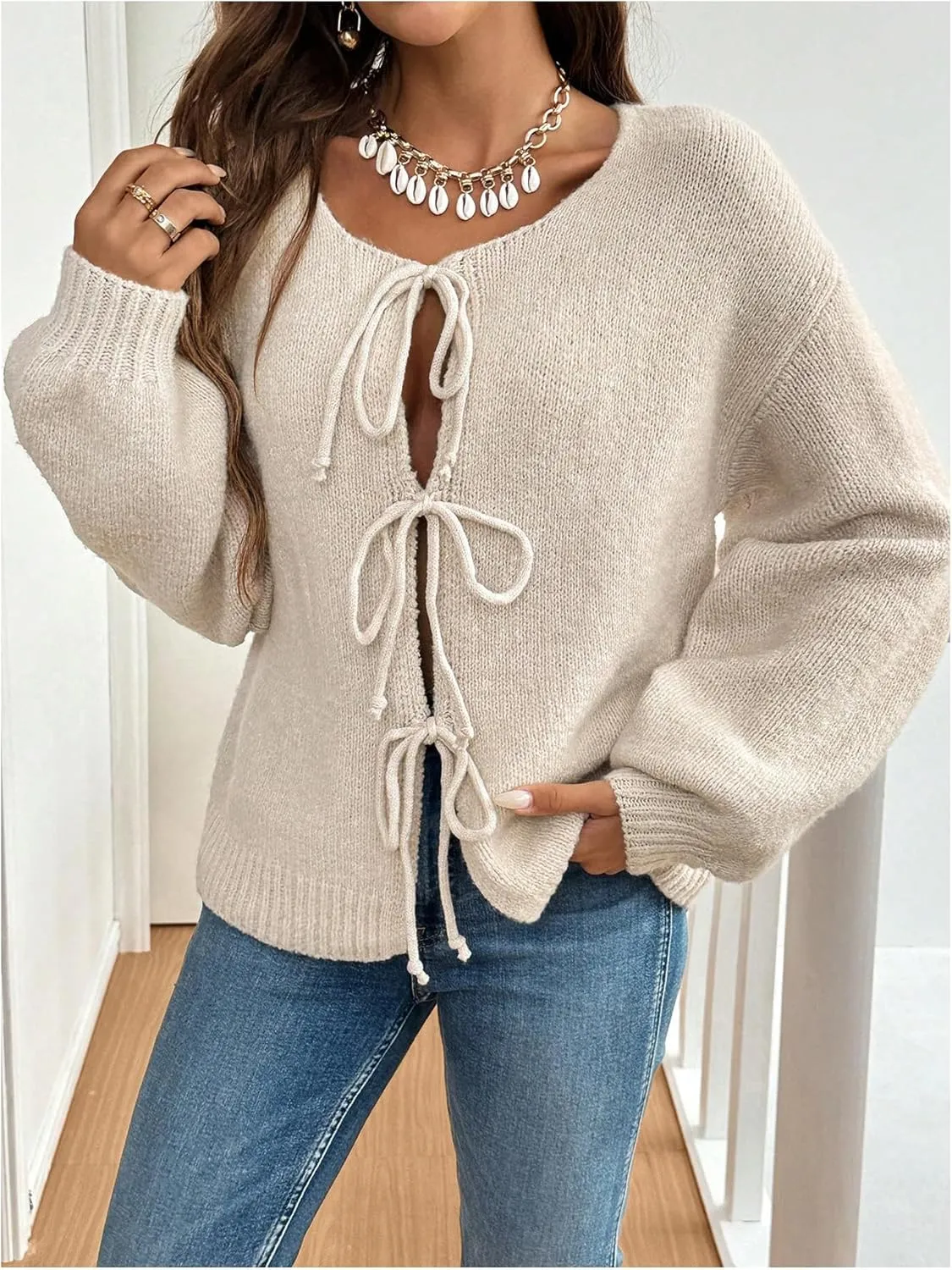 WDIRARA Women's Tie Front Crewneck Knit Cardigan Long Sleeve Drop Shoulder Sweater