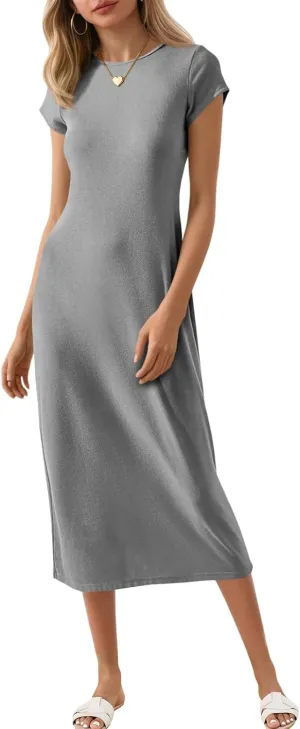 Wenrine Women's Short Sleeve T-Shirt Dress Summer Crew Neck Basic Solid Casual Long Midi Dresses
