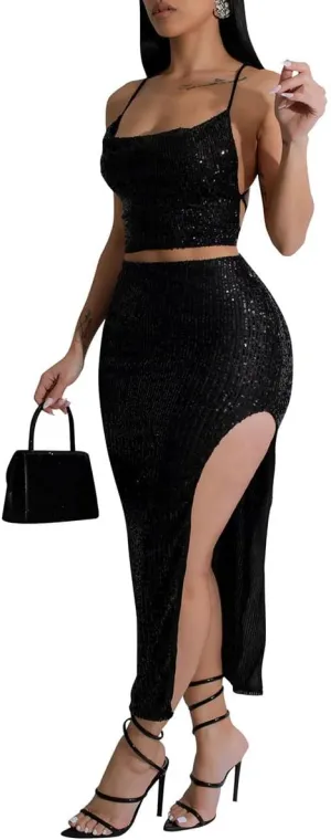 WOKANSE Sparkly Two Piece Set for Women Sequin Spaghetti Strap Backless Tank Top Side Slit Long Skirt Set Club Wear
