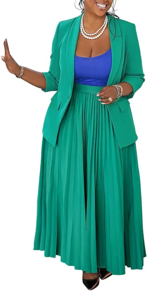 Women 2 Piece Plus Size Business Skirt Suit Sets Long Sleeve Open Front Blazer and High Waist Pleated Maxi Skirt