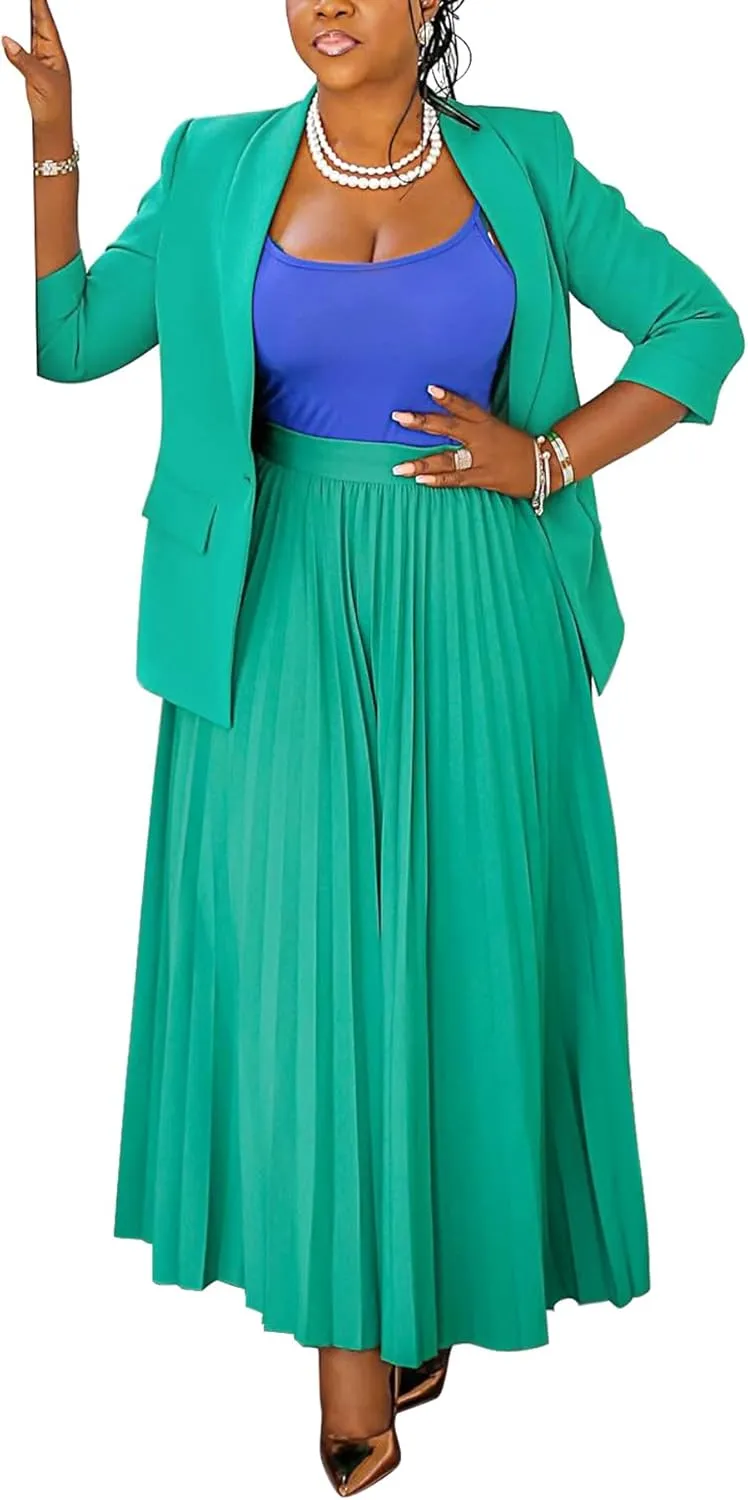 Women 2 Piece Plus Size Business Skirt Suit Sets Long Sleeve Open Front Blazer and High Waist Pleated Maxi Skirt