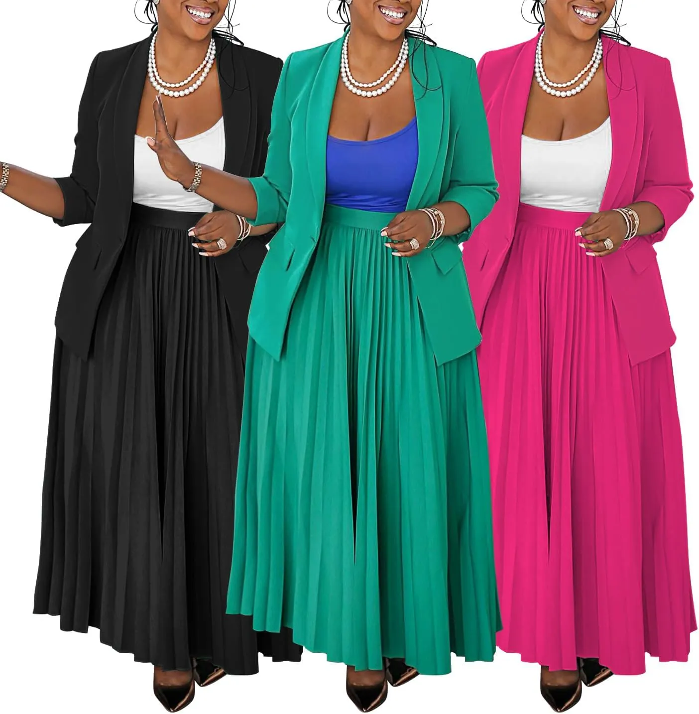 Women 2 Piece Plus Size Business Skirt Suit Sets Long Sleeve Open Front Blazer and High Waist Pleated Maxi Skirt