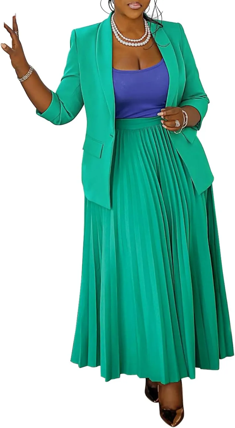 Women 2 Piece Plus Size Business Skirt Suit Sets Long Sleeve Open Front Blazer and High Waist Pleated Maxi Skirt