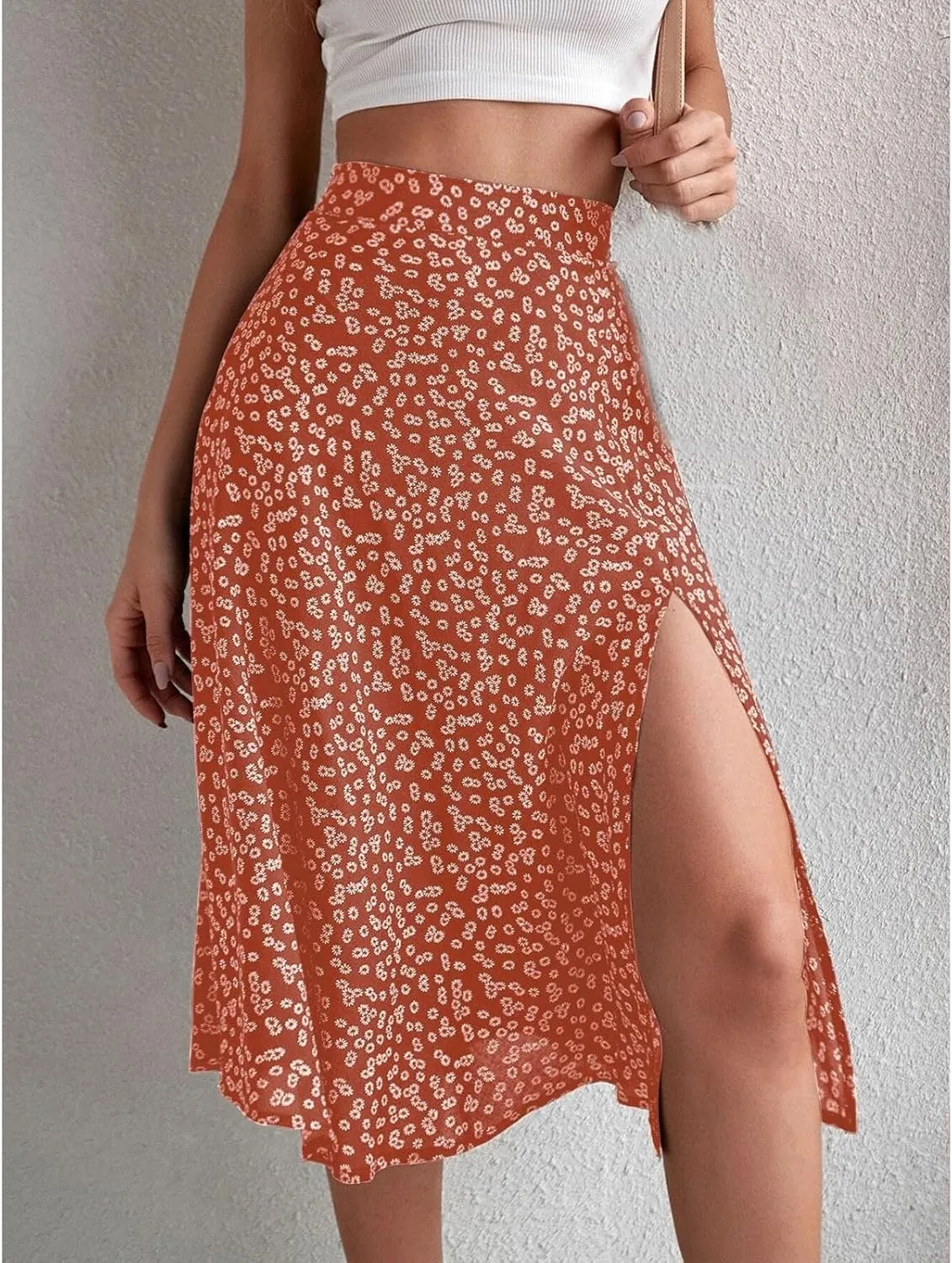 Women Boho Floral Skirts Slit Summer Flowy Split Maxi Skirt Lightweight High Waist A Line Skirts Beach Clothes