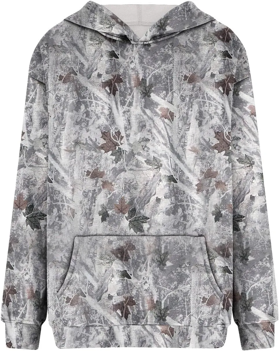 Women Camo Hoodie Maple-Leaf Print Oversized Sweatshirt Y2K Fall Fleece Hooded Sweatshirts With Kangaroo Pocket