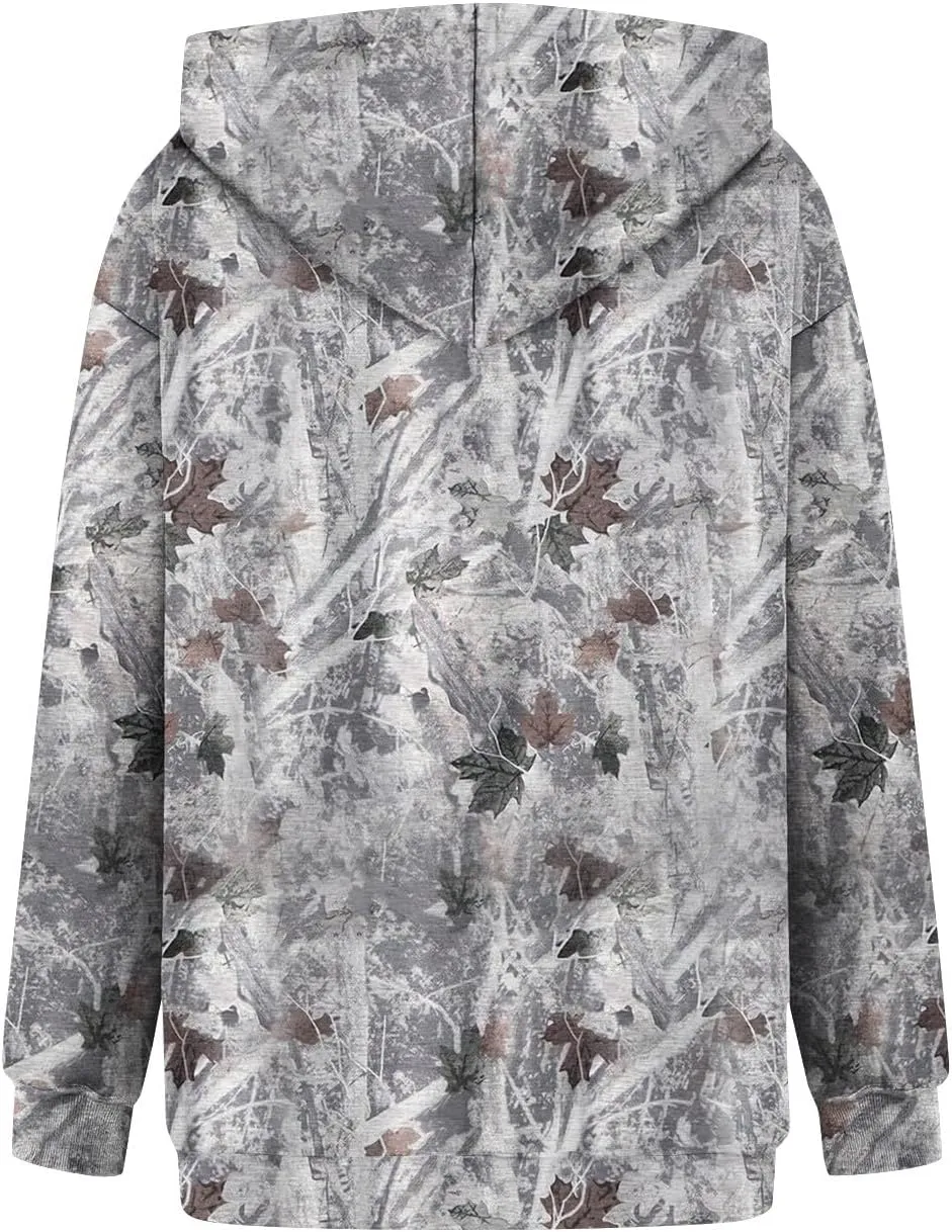 Women Camo Hoodie Maple-Leaf Print Oversized Sweatshirt Y2K Fall Fleece Hooded Sweatshirts With Kangaroo Pocket
