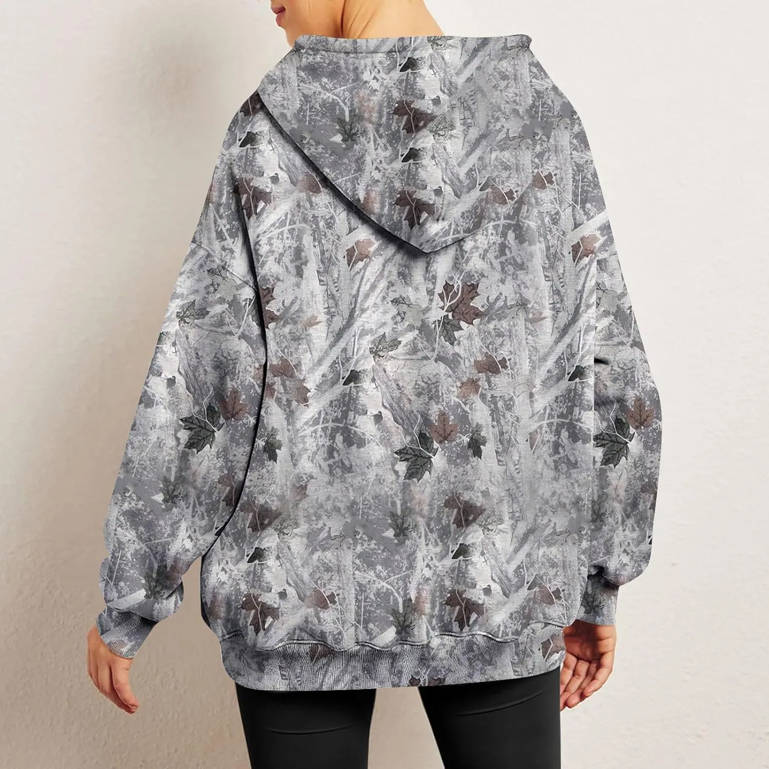 Women Camo Hoodie Maple-Leaf Print Oversized Sweatshirt Y2K Fall Fleece Hooded Sweatshirts With Kangaroo Pocket