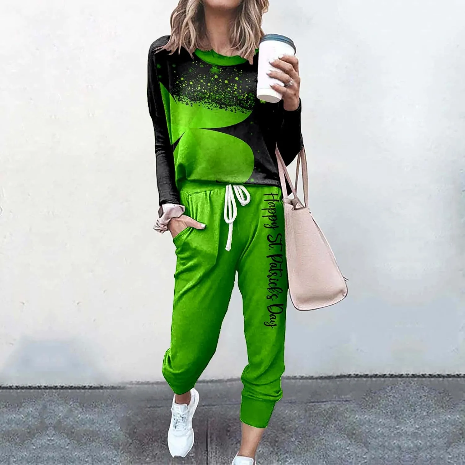 Women Casual Autumn and Winter Fashion Printed Round Neck Long Sleeve Pocket Drawstring Elastic Waist Pants Fuzzy