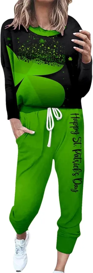 Women Casual Autumn and Winter Fashion Printed Round Neck Long Sleeve Pocket Drawstring Elastic Waist Pants Fuzzy