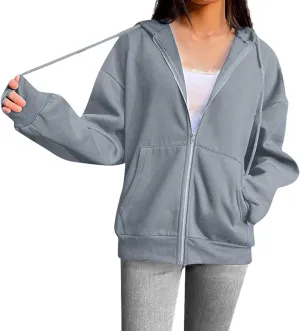 Women Casual Full Zip Up Hoodie Comfy Loose Long Sleeve Sweatshirt Solid Color Drawstring Jacket with Pockets