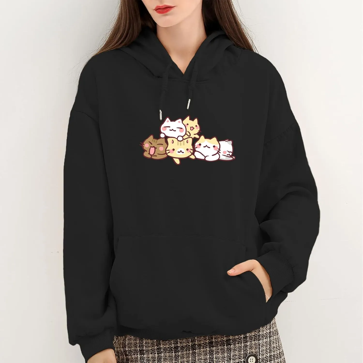 Women Cute cat Sweatshirt Oversized kawaii animal Print Hoodies Long Sleeve pullover Cotton Aesthetics Sweater Girl