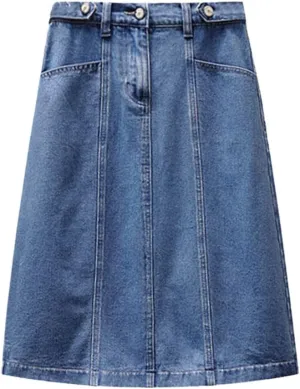 Women Denim Skirts Elastic Waist A-Line Mid Length Fashion Pleated Midi Jean Skirts