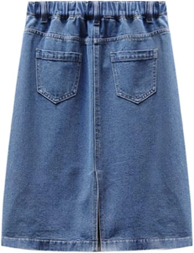 Women Denim Skirts Elastic Waist A-Line Mid Length Fashion Pleated Midi Jean Skirts