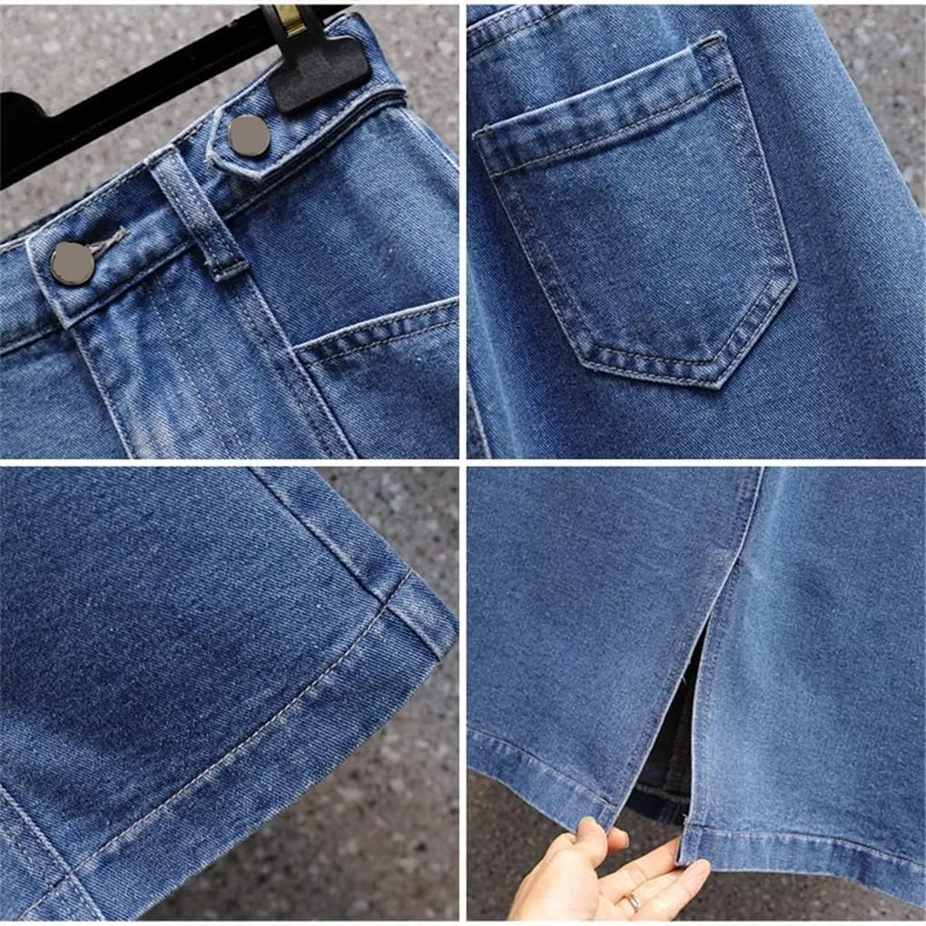 Women Denim Skirts Elastic Waist A-Line Mid Length Fashion Pleated Midi Jean Skirts