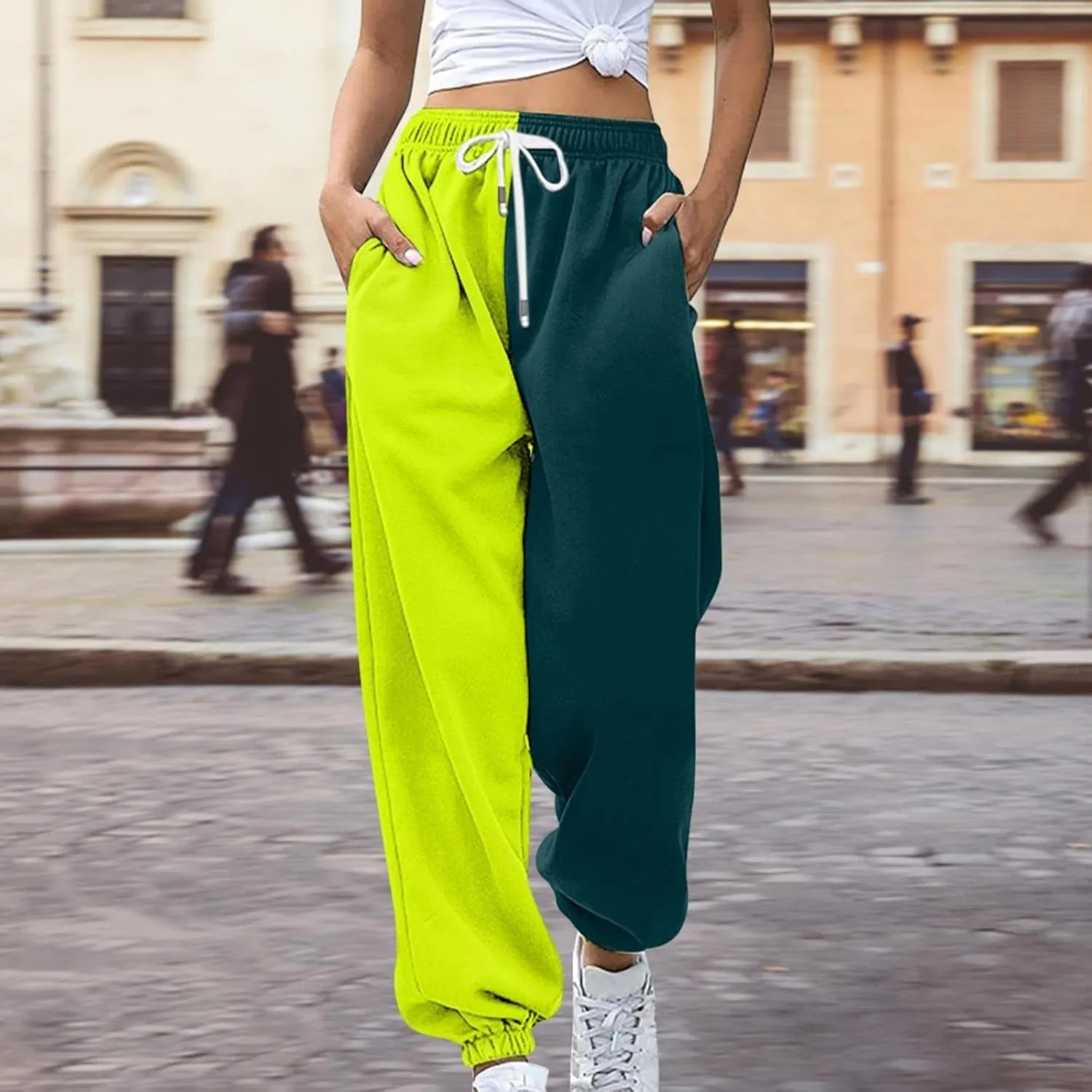Women Fashion Color Block Pants Trendy Tummy Control Cuffed Trouser Street Hip Hop Palazzo Athletic Casual Sweatpants