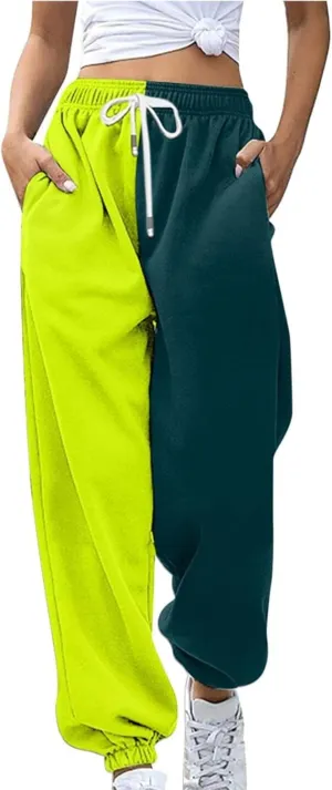 Women Fashion Color Block Pants Trendy Tummy Control Cuffed Trouser Street Hip Hop Palazzo Athletic Casual Sweatpants