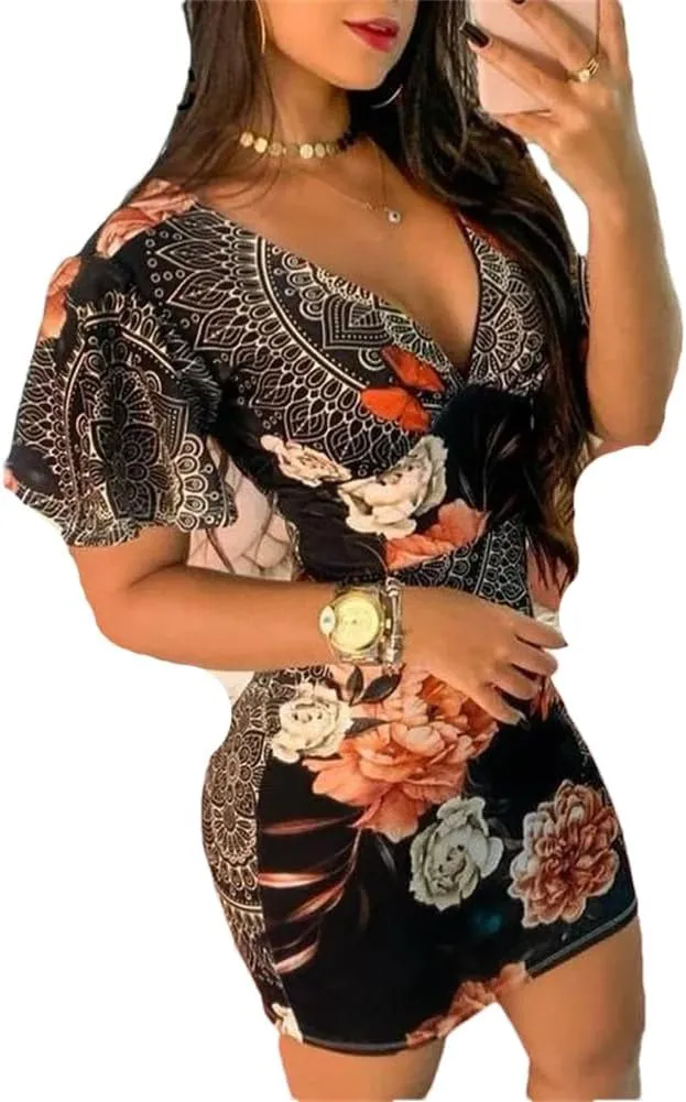 Women Floral Print Short Dress Short Sleeve Ruffles Bodycon Casual Vacation Mini Dresses