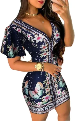 Women Floral Print Short Dress Short Sleeve Ruffles Bodycon Casual Vacation Mini Dresses