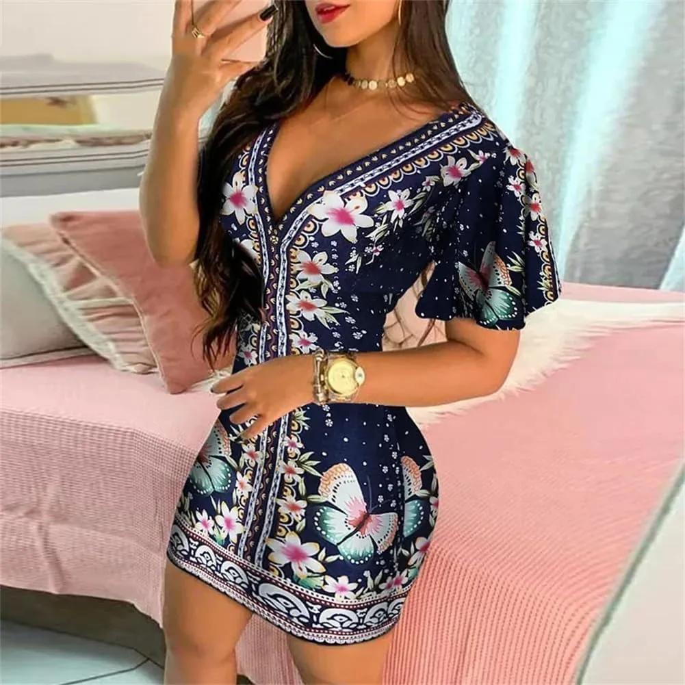 Women Floral Print Short Dress Short Sleeve Ruffles Bodycon Casual Vacation Mini Dresses