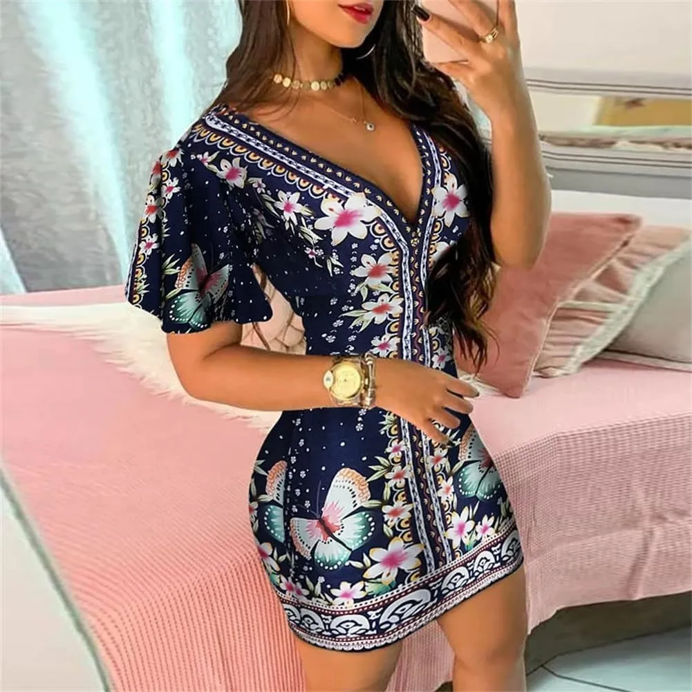 Women Floral Print Short Dress Short Sleeve Ruffles Bodycon Casual Vacation Mini Dresses
