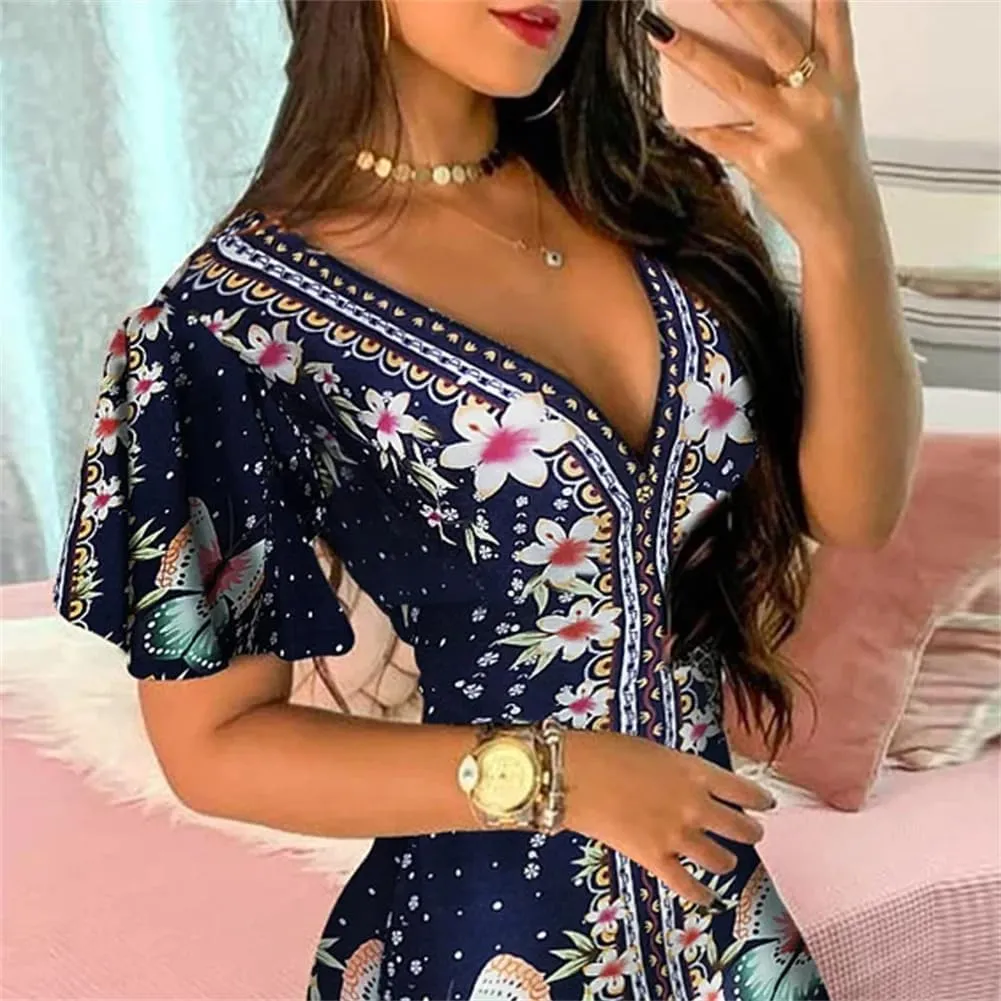 Women Floral Print Short Dress Short Sleeve Ruffles Bodycon Casual Vacation Mini Dresses