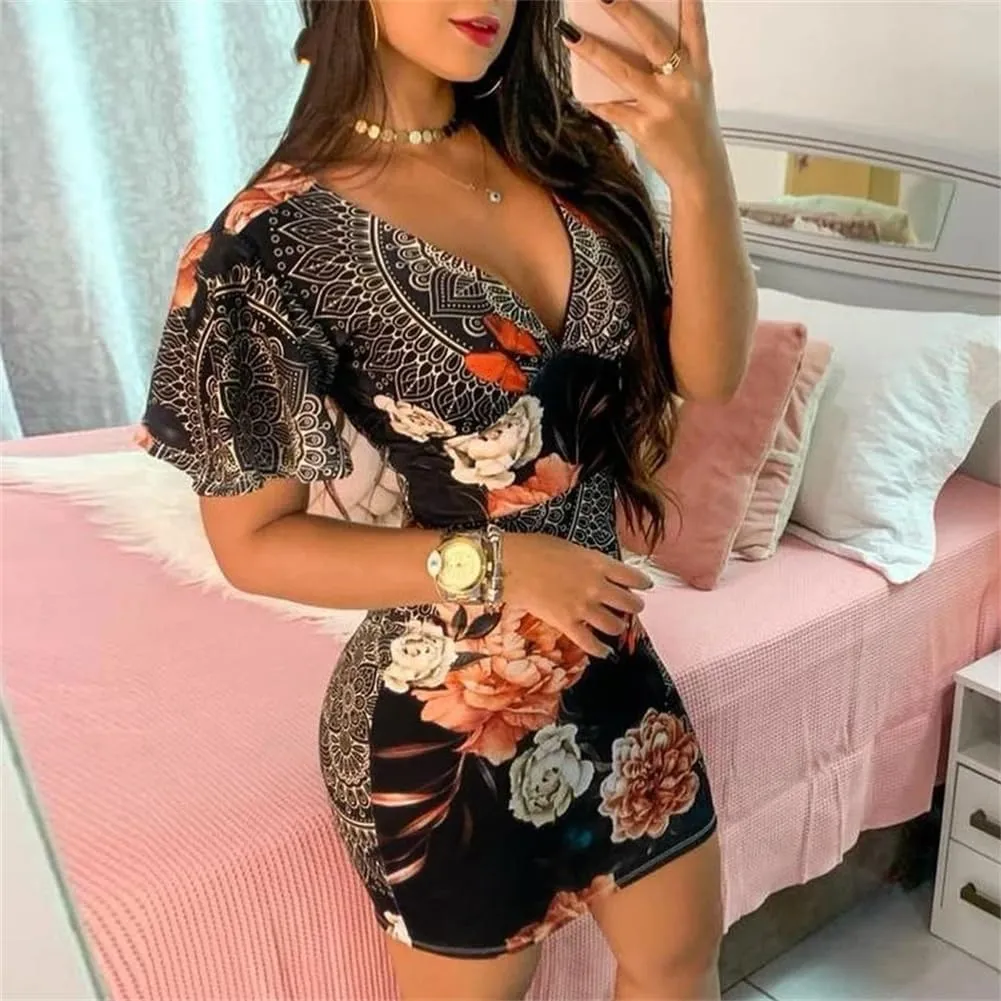 Women Floral Print Short Dress Short Sleeve Ruffles Bodycon Casual Vacation Mini Dresses