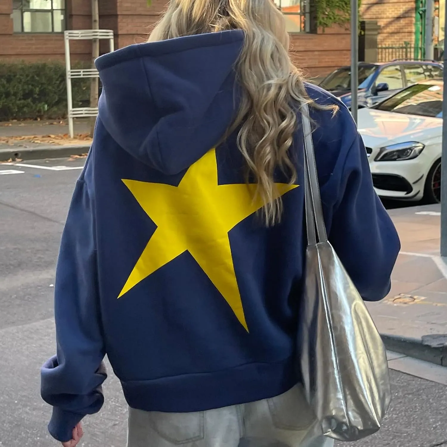 Women Graphic Star Oversized Hoodie Long Sleeve Casual Loose Fall Aesthetic Hooded Sweatshirt with Pocket Streetwear