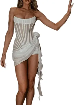 Women Mini Tube Dress Strapless See Through Bodycon 3D Floral Tassels Ruffles Sexy Party Dresses
