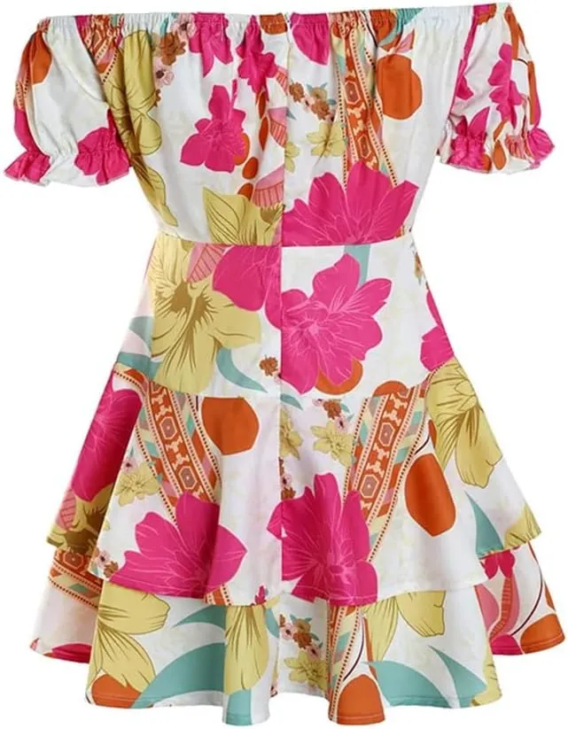 Women Off Shoulder Short Dresses All Over Print Floral Dress Ruffle Hem Mini A Line Dress