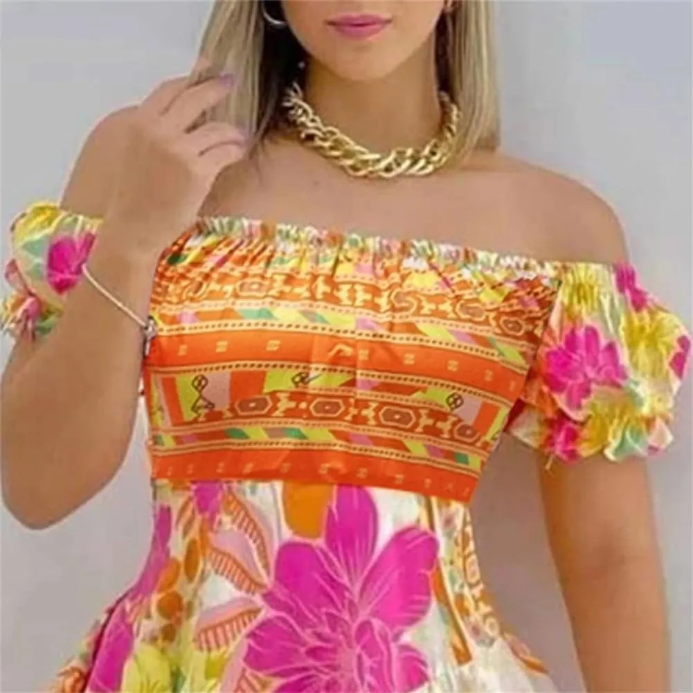 Women Off Shoulder Short Dresses All Over Print Floral Dress Ruffle Hem Mini A Line Dress