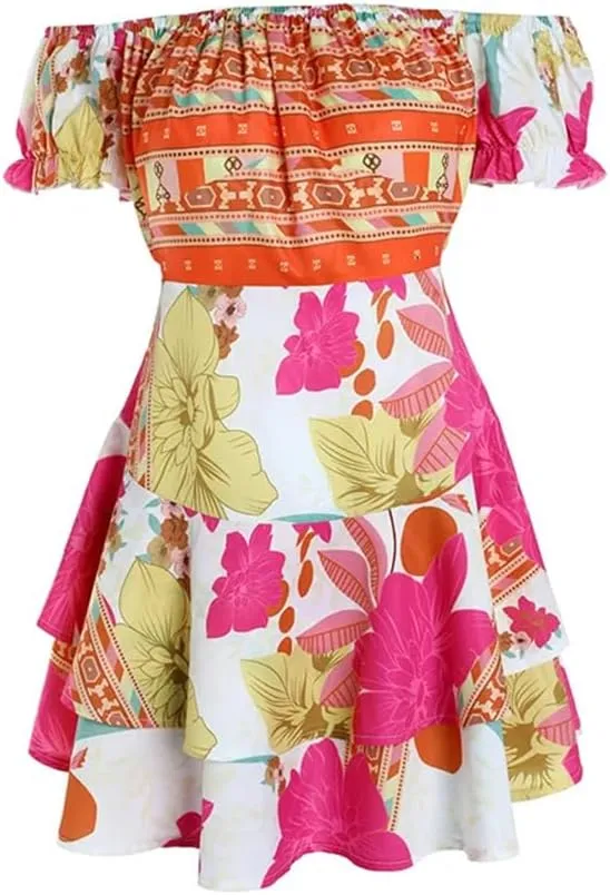 Women Off Shoulder Short Dresses All Over Print Floral Dress Ruffle Hem Mini A Line Dress
