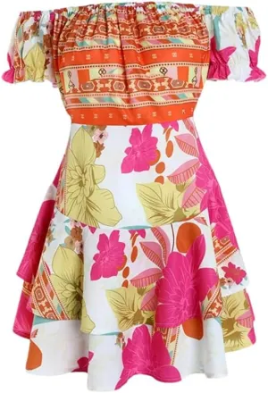 Women Off Shoulder Short Dresses All Over Print Floral Dress Ruffle Hem Mini A Line Dress