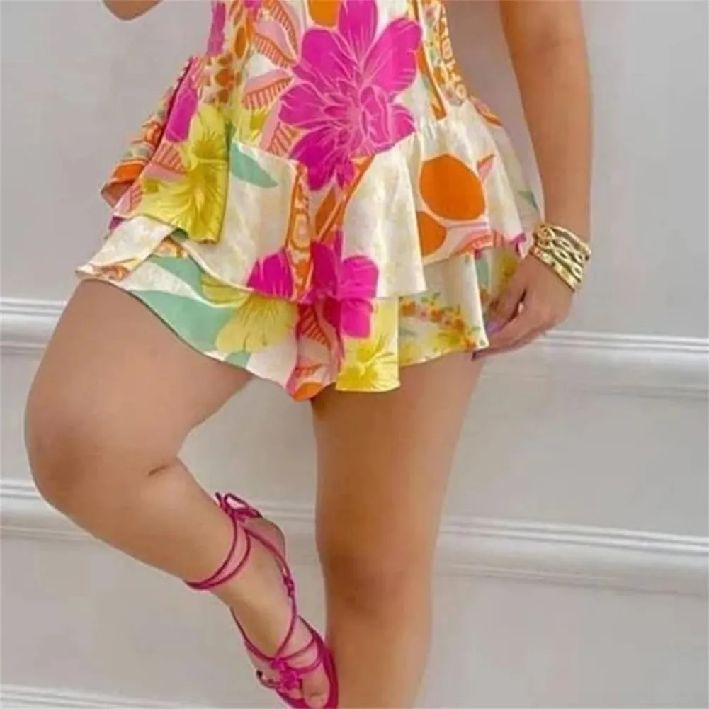 Women Off Shoulder Short Dresses All Over Print Floral Dress Ruffle Hem Mini A Line Dress