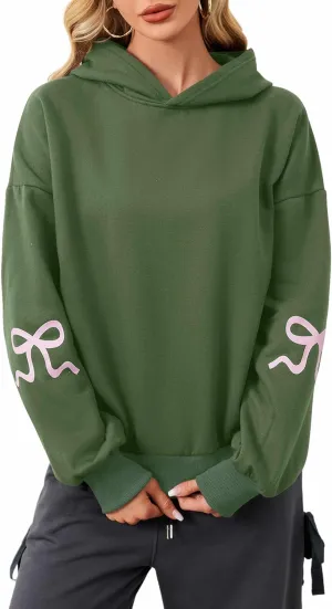Women Oversized Fleece Bow Trim Print Hoodies Casual Long Sleeve Graphic Hooded Sweatshirt Trendy Fall Pullover Tops