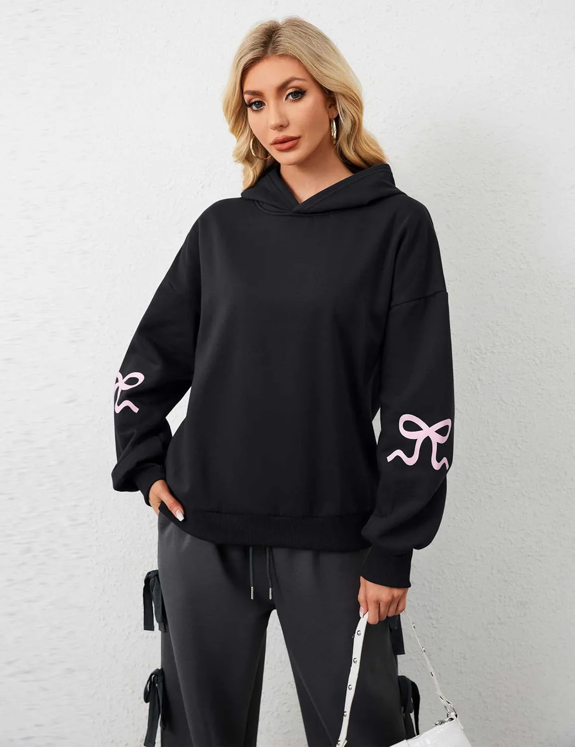 Women Oversized Fleece Bow Trim Print Hoodies Casual Long Sleeve Graphic Hooded Sweatshirt Trendy Fall Pullover Tops