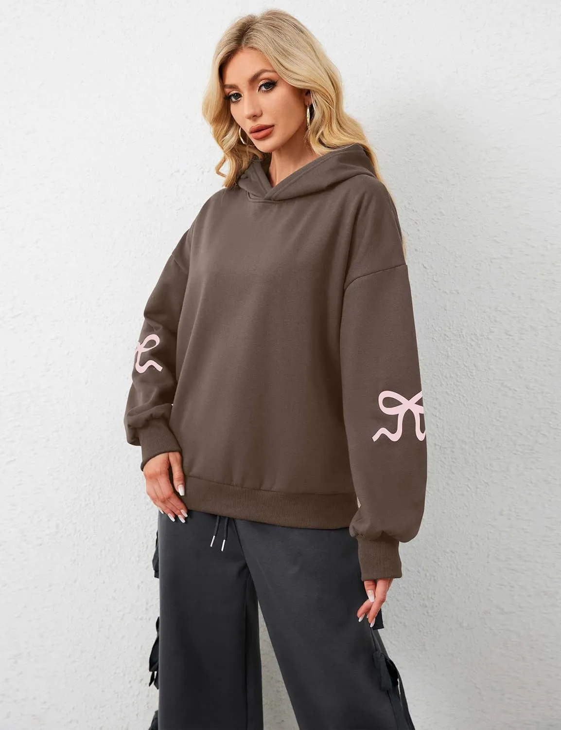 Women Oversized Fleece Bow Trim Print Hoodies Casual Long Sleeve Graphic Hooded Sweatshirt Trendy Fall Pullover Tops