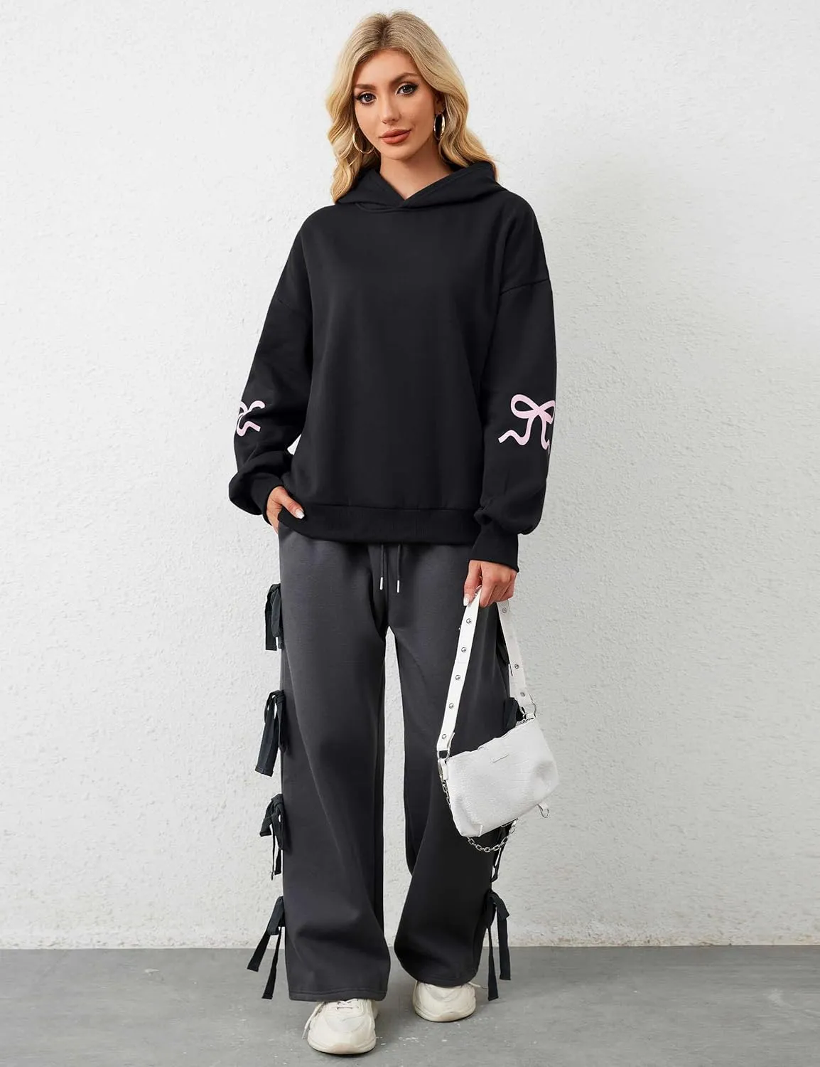Women Oversized Fleece Bow Trim Print Hoodies Casual Long Sleeve Graphic Hooded Sweatshirt Trendy Fall Pullover Tops