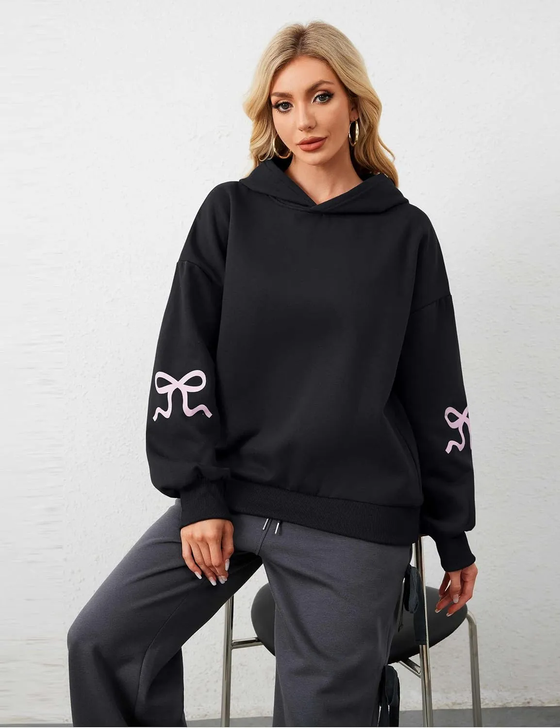 Women Oversized Fleece Bow Trim Print Hoodies Casual Long Sleeve Graphic Hooded Sweatshirt Trendy Fall Pullover Tops